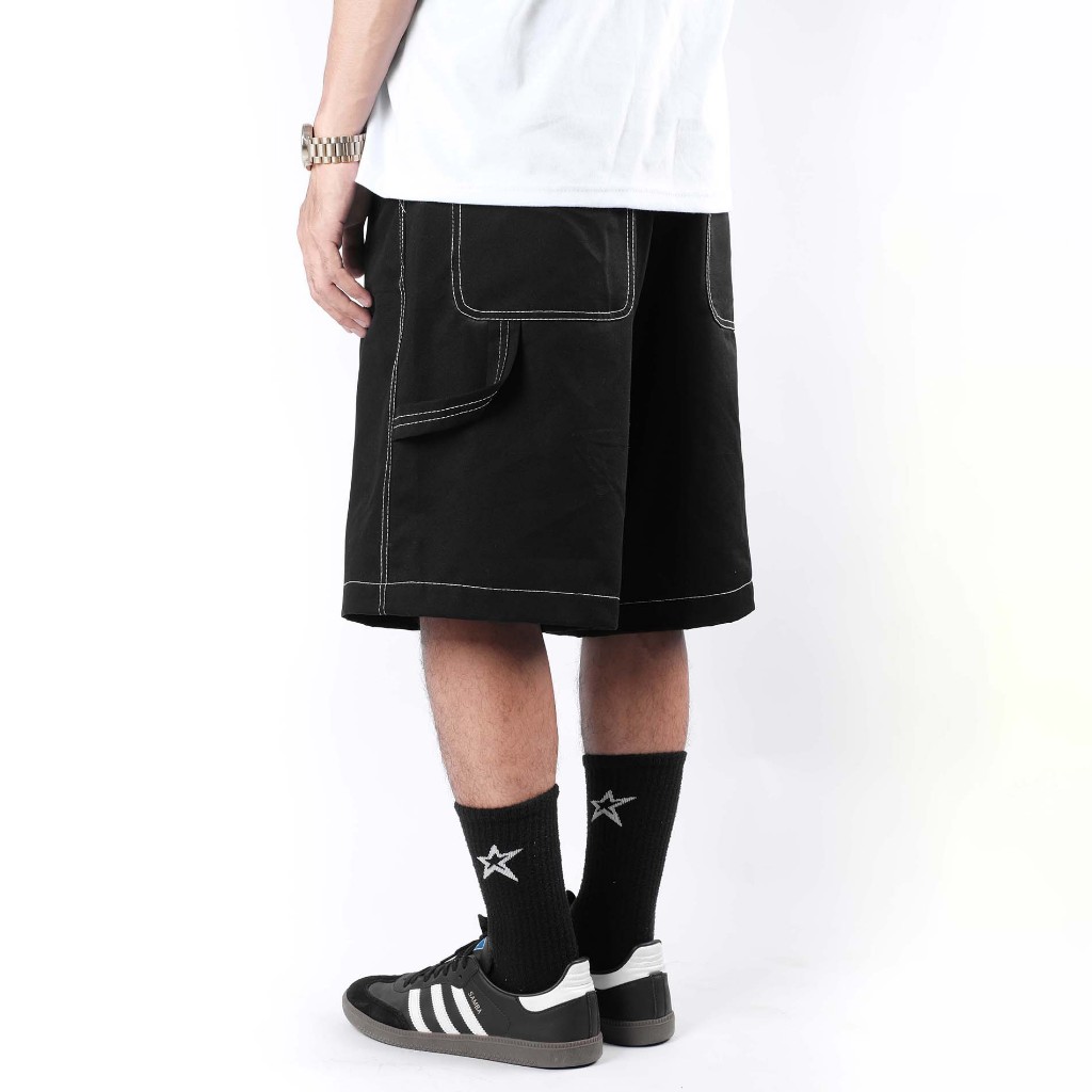 OOTDSUPPLY Celana Carpenter Cargo Embroidery Stitch Black | Celana Pendek Twill Kanvas Unisex | SPCPTR