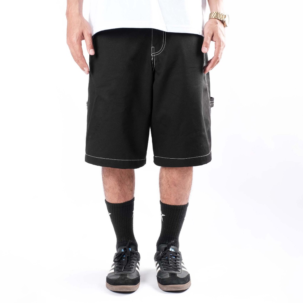 OOTDSUPPLY Celana Carpenter Cargo Embroidery Stitch Black | Celana Pendek Twill Kanvas Unisex | SPCPTR