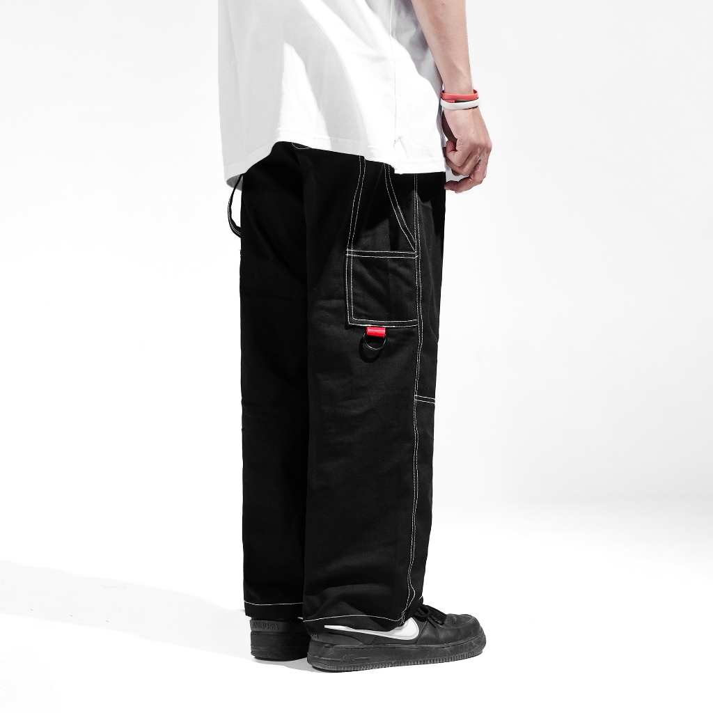 OOTDSUPPLY Celana Carpenter Cargo Embroidery Stitch Black | Celana Panjang Twill Kanvas Unisex | LPCPTR