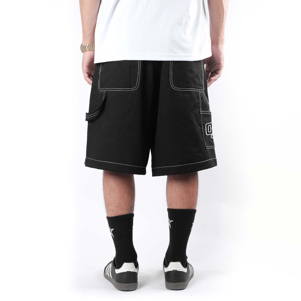 OOTDSUPPLY Celana Carpenter Cargo Embroidery Stitch Black | Celana Pendek Twill Kanvas Unisex | SPCPTR