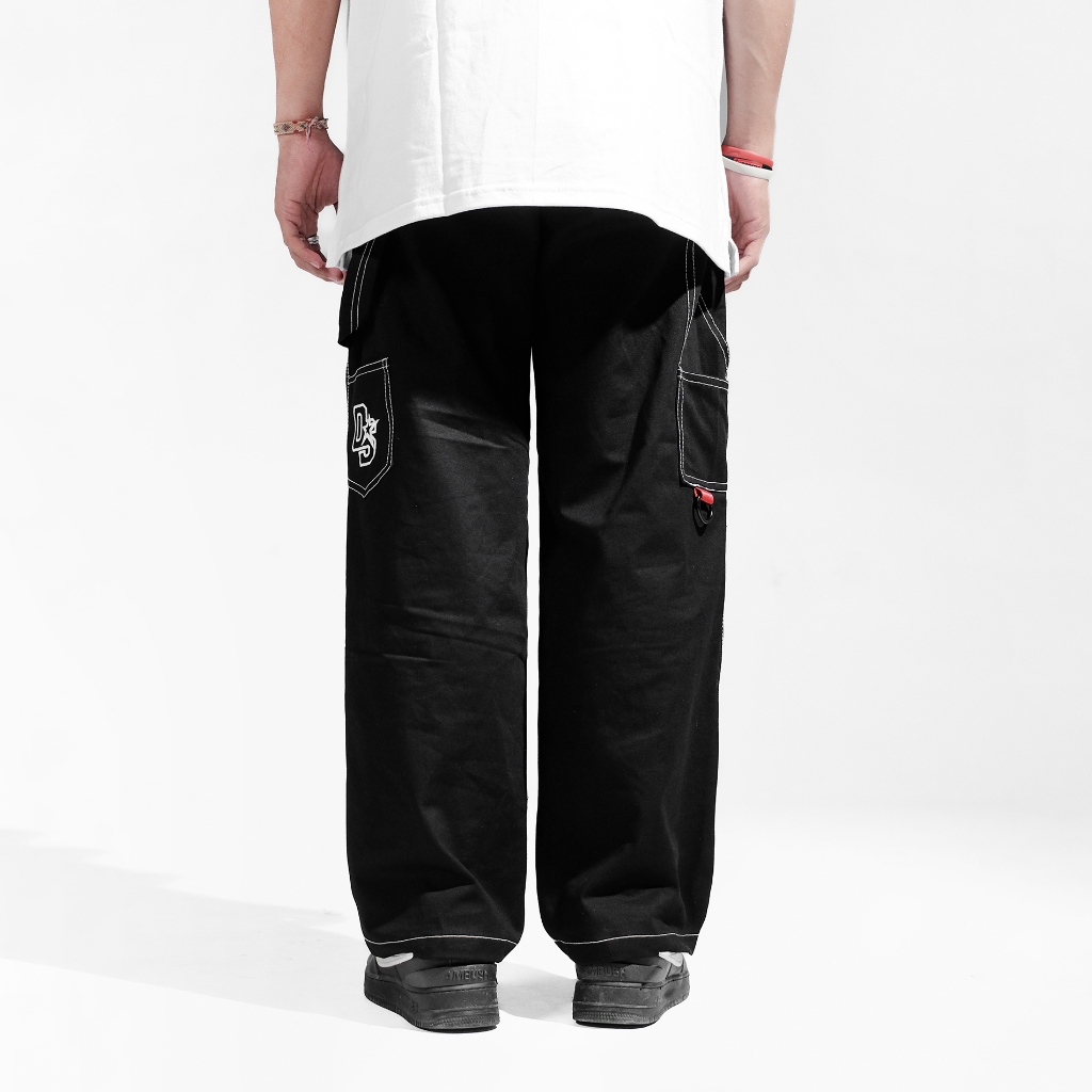 OOTDSUPPLY Celana Carpenter Cargo Embroidery Stitch Black | Celana Panjang Twill Kanvas Unisex | LPCPTR