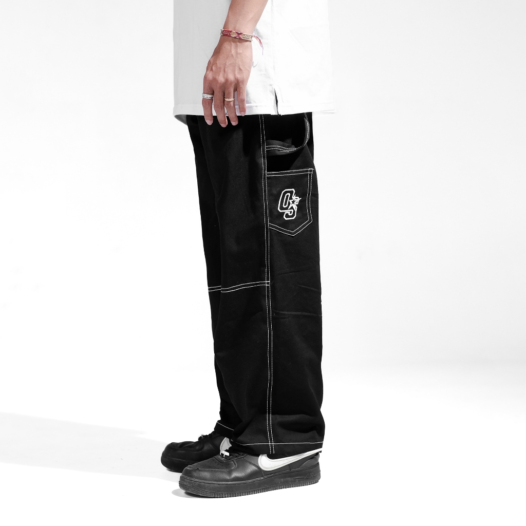 OOTDSUPPLY Celana Carpenter Cargo Embroidery Stitch Black | Celana Panjang Twill Kanvas Unisex | LPCPTR
