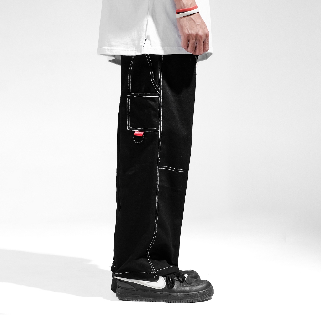 OOTDSUPPLY Celana Carpenter Cargo Embroidery Stitch Black | Celana Panjang Twill Kanvas Unisex | LPCPTR