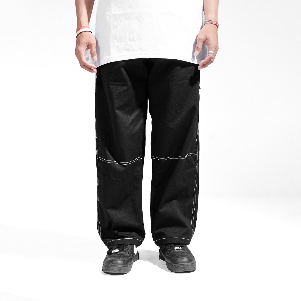OOTDSUPPLY Celana Carpenter Cargo Embroidery Stitch Black | Celana Panjang Twill Kanvas Unisex | LPCPTR