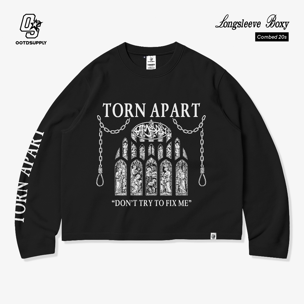 OOTDSUPPLY Longsleeve Boxy 20s Torn Apart Black l Oversize T-Shirt Lengan Panjang l Kaos Panjang I Atasan Unisex | LS-BX-004