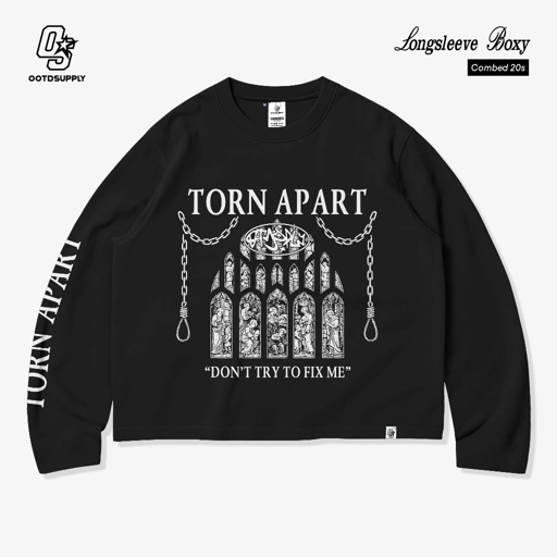 Image of OOTDSUPPLY Longsleeve Boxy 20s Torn Apart Black l Oversize T-Shirt Lengan Panjang l Kaos Panjang I Atasan Unisex | LS-BX-004