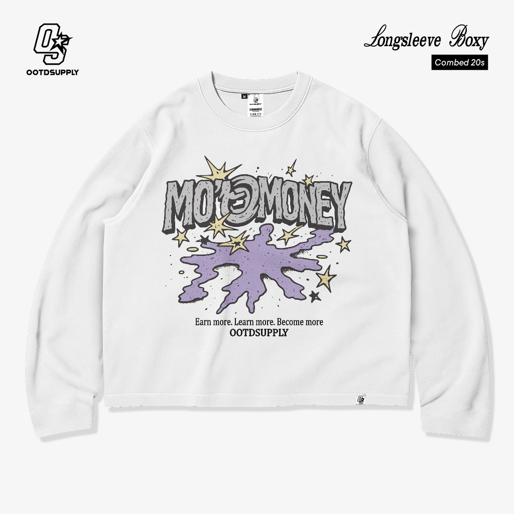 OOTDSUPPLY Longsleeve Boxy 20s More Money White l Oversize T-Shirt Lengan Panjang l Kaos Panjang I Atasan Unisex | LS-BX-006