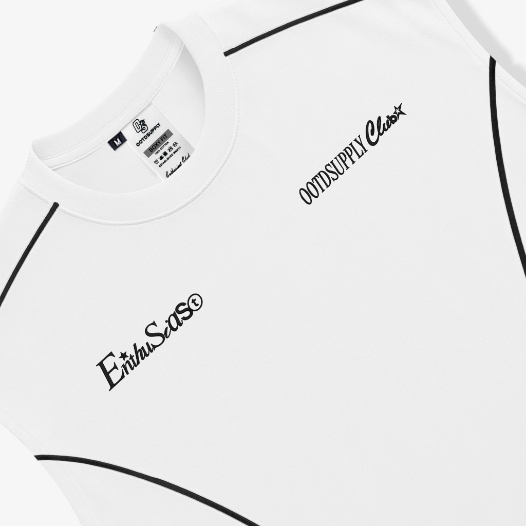 OOTDSUPPLY Oversize Boxy Sleeveless List Growth Embroidery Black & White l Tshirt Oversize Singlet | Singlet Lekbong | OVZ-SINGLET-STITCH-GRE