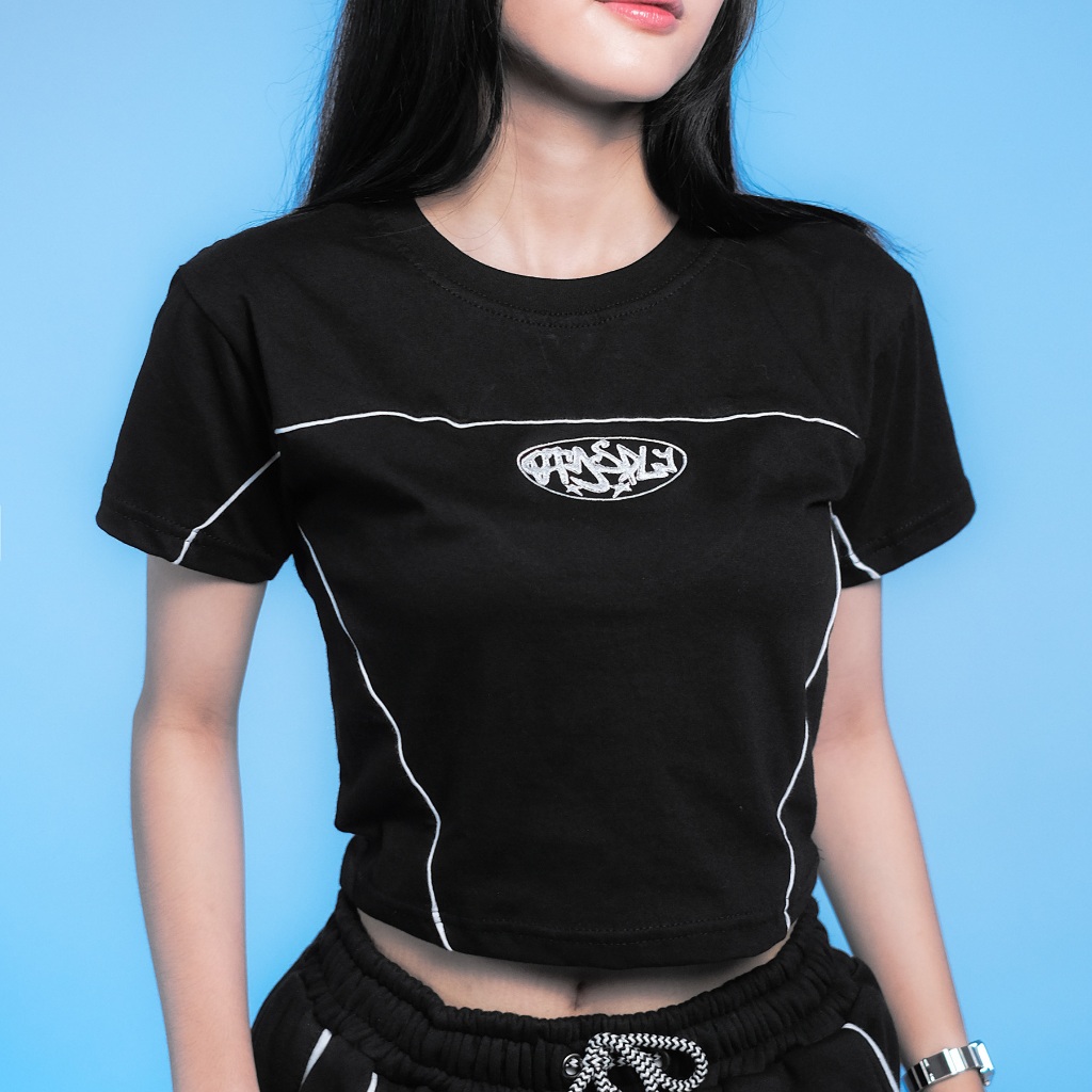 OOTDSUPPLY Croptee Fit Cutline Circle Embroidery Black & White l Tshirt Crop l Kaos Croptee | CSF-CL-CE