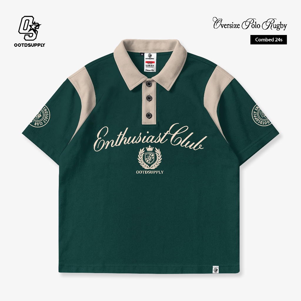 OOTDSUPPLY Oversize Rugby Polo Shirt Ivory Combination Green Mocca | Kaos Polo Pria dan Wanita PS-RGB-043