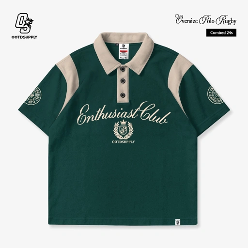 Image of OOTDSUPPLY Oversize Rugby Polo Shirt Ivory Combination Green Mocca | Kaos Polo Pria dan Wanita PS-RGB-043