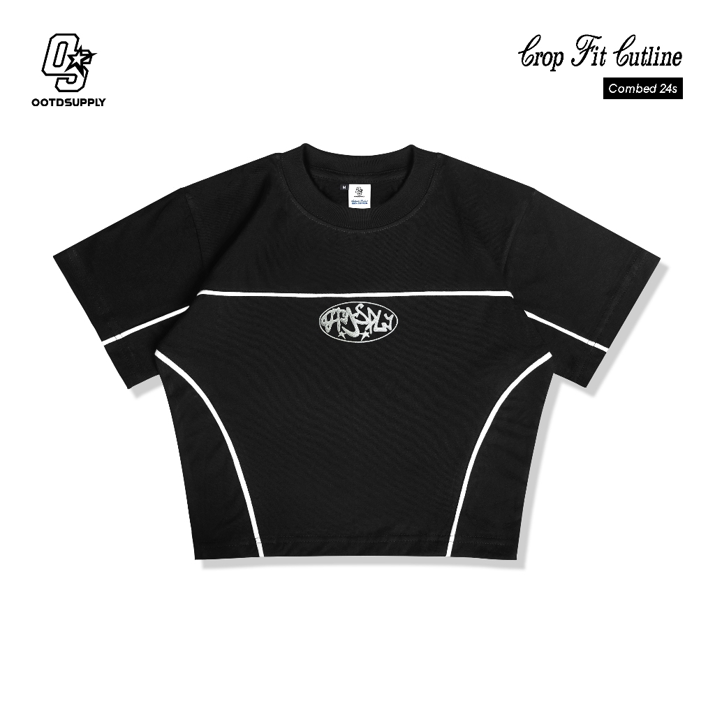 OOTDSUPPLY Croptee Fit Cutline Circle Embroidery Black & White l Tshirt Crop l Kaos Croptee | CSF-CL-CE