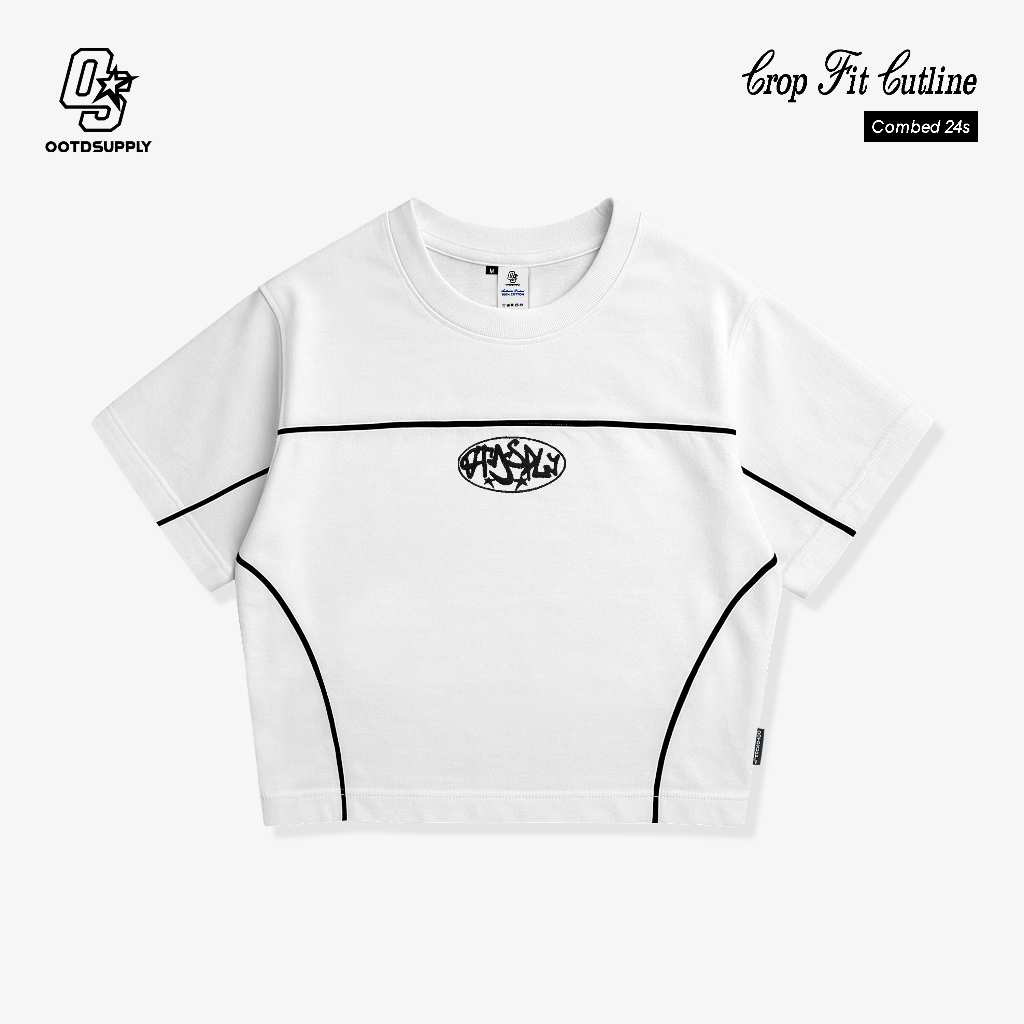 OOTDSUPPLY Croptee Fit Cutline Circle Embroidery Black & White l Tshirt Crop l Kaos Croptee | CSF-CL-CE
