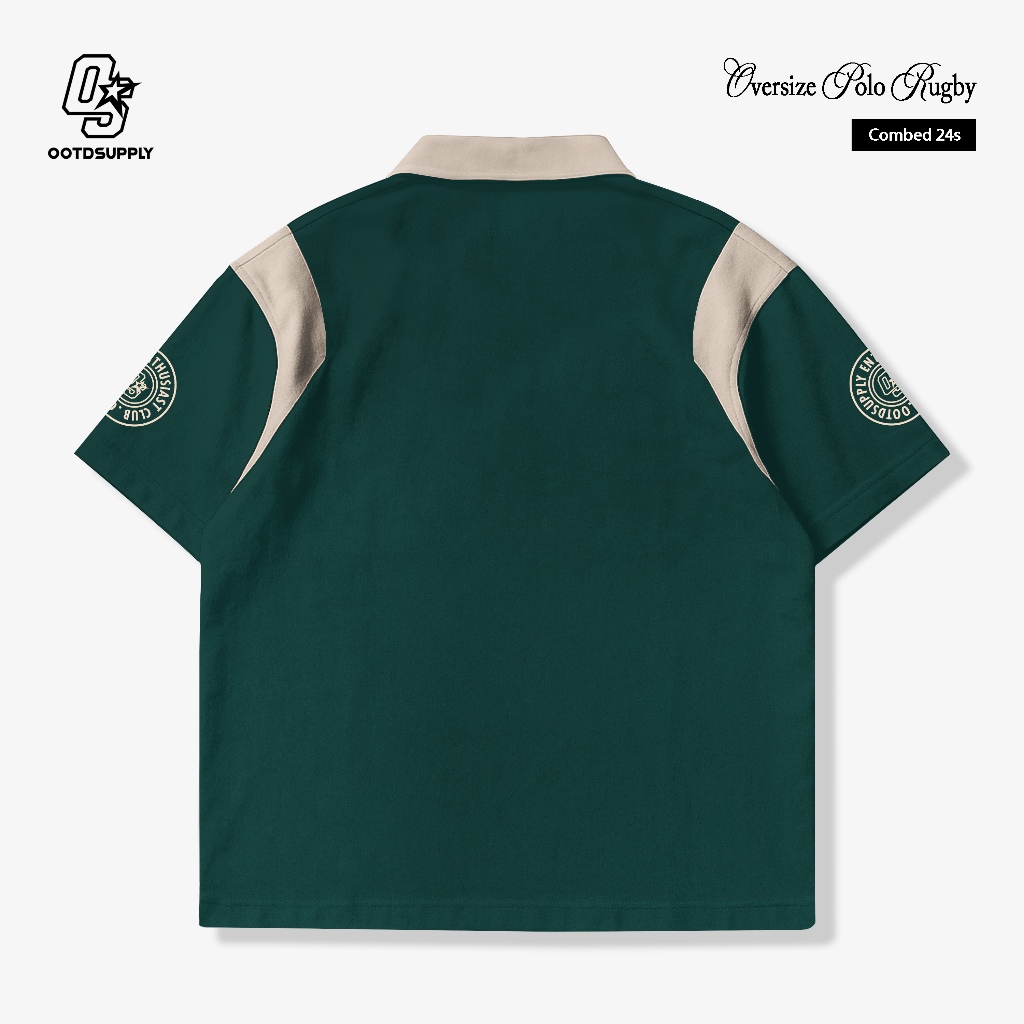 OOTDSUPPLY Oversize Rugby Polo Shirt Ivory Combination Green Mocca | Kaos Polo Pria dan Wanita PS-RGB-043