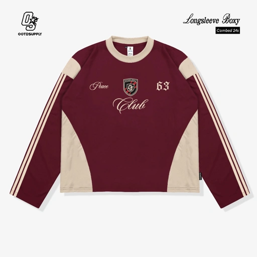 Image of OOTDSUPPLY Longsleeve Boxy Slava Peace Club Maroon l Atasan Boxy Panjang Unisex | Kaos Lengan Panjang Pria dan Wanita | LS-BX-SLA001