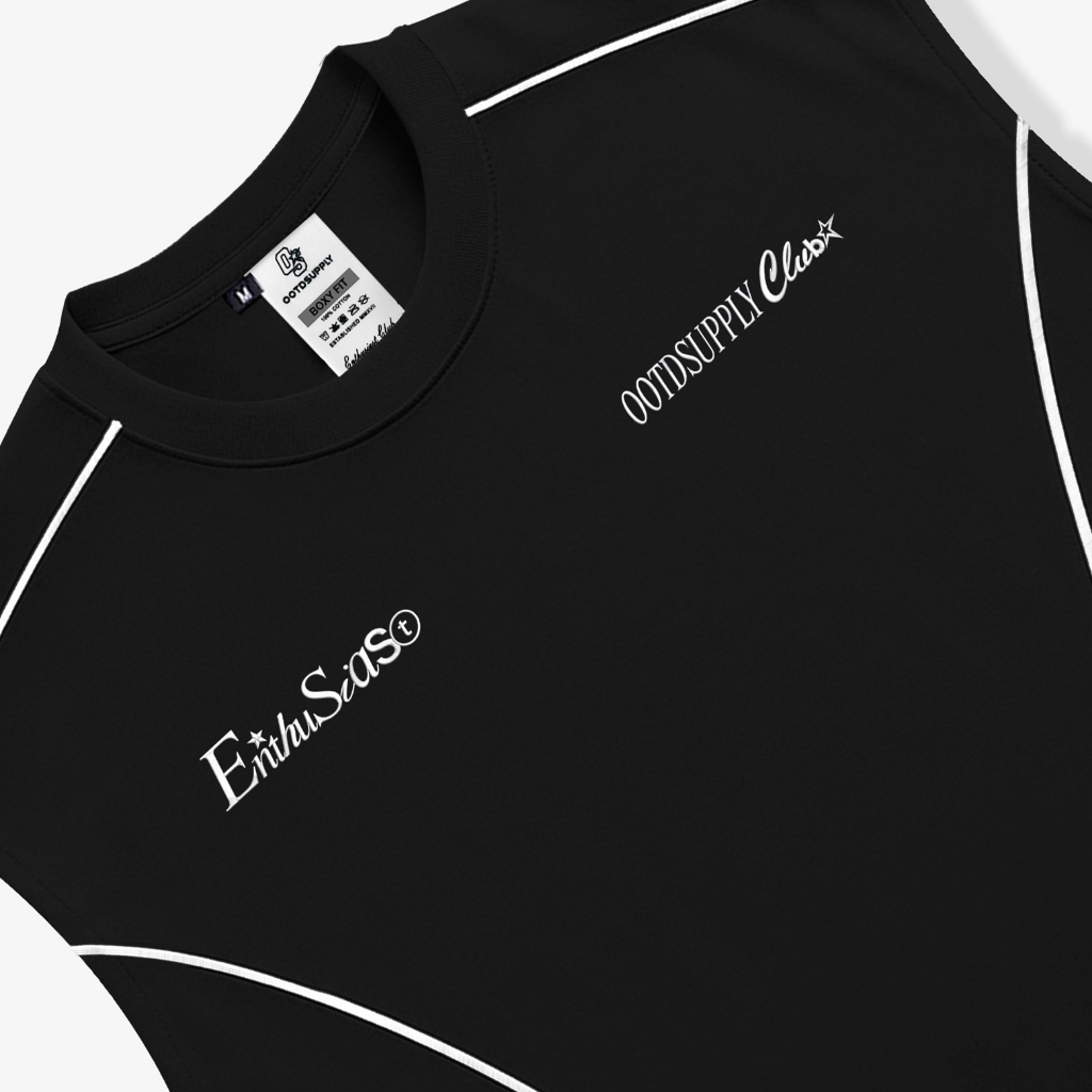 OOTDSUPPLY Oversize Boxy Sleeveless List Growth Embroidery Black & White l Tshirt Oversize Singlet | Singlet Lekbong | OVZ-SINGLET-STITCH-GRE