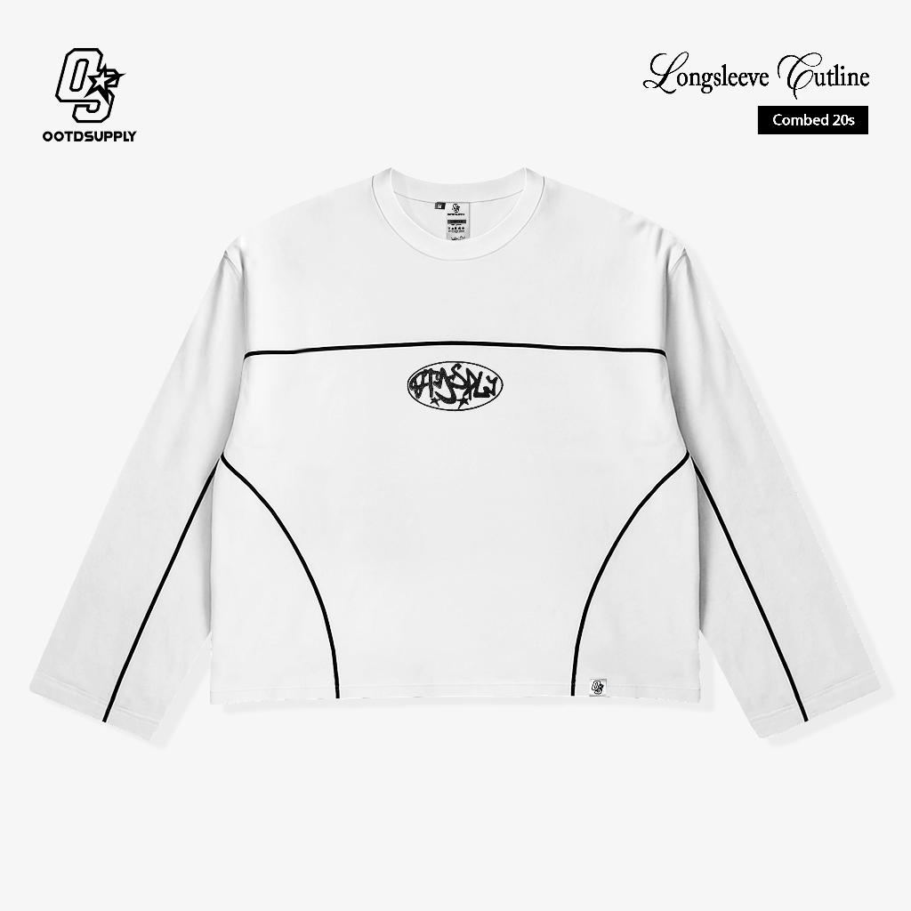 OOTDSUPPLY Longsleeve Boxy Cutline Circle Embroidery Black & White l Tshirt Boxyfit Panjang Unisex | Kaos Lengan Panjang Pria dan Wanita | LS-BX-CL-CE