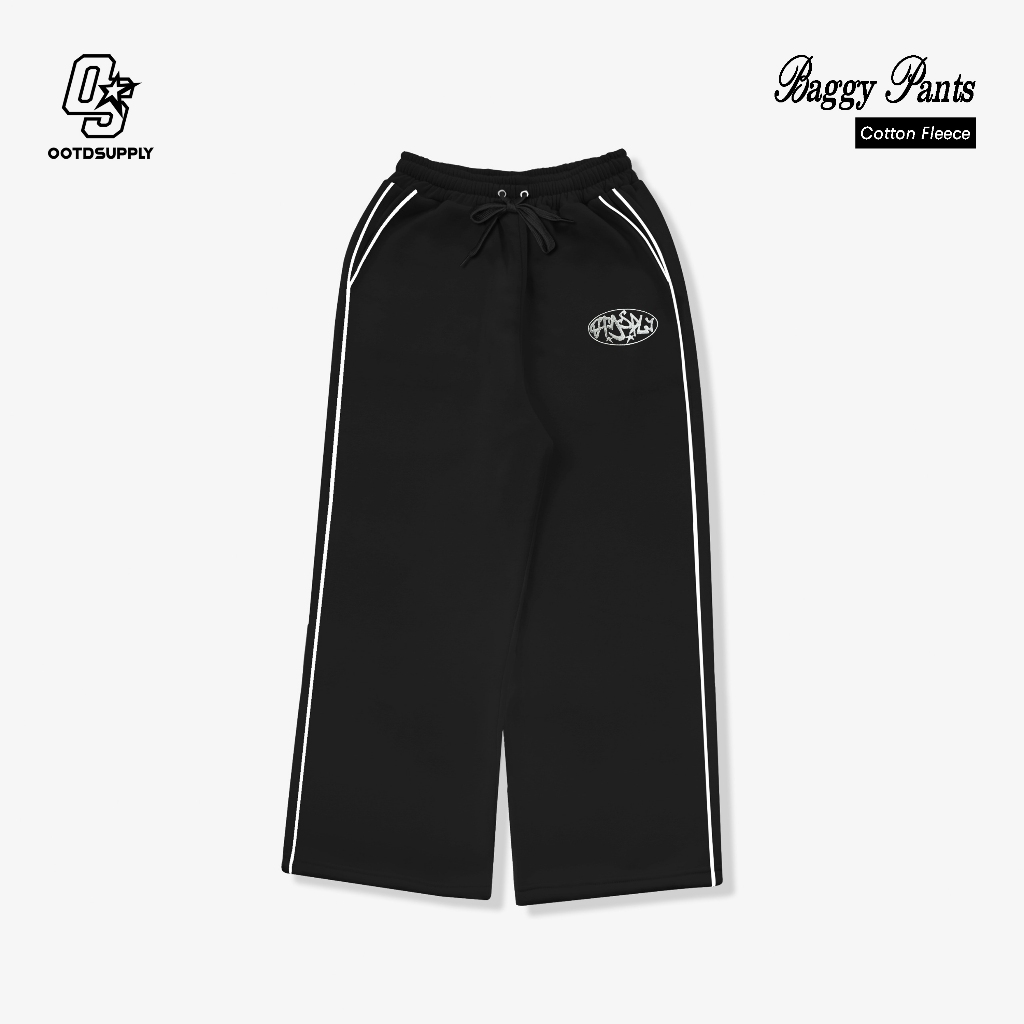 OOTDSUPPLY Baggy Pants Line Circle Embroidery | Celana Panjang Unisex | Celana Sporty | BP-BLK-CE