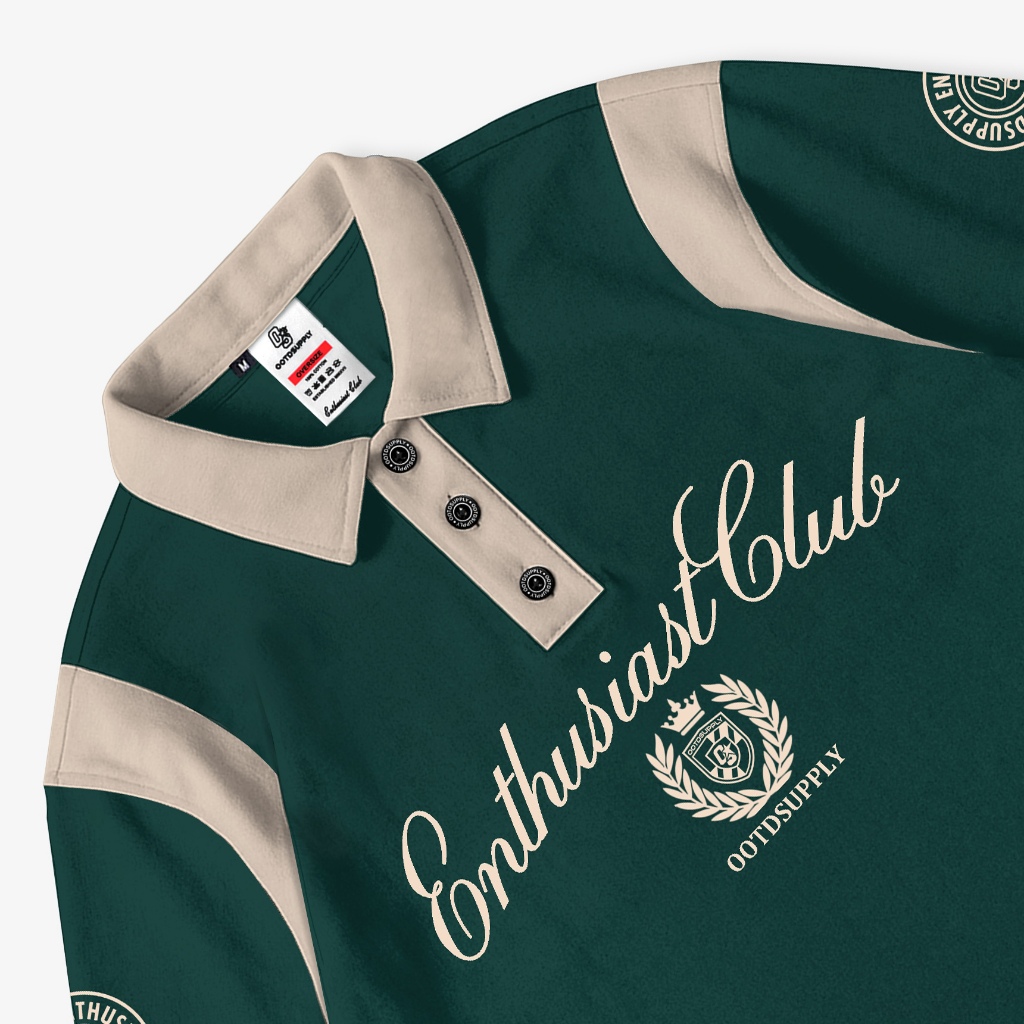 OOTDSUPPLY Oversize Rugby Polo Shirt Ivory Combination Green Mocca | Kaos Polo Pria dan Wanita PS-RGB-043