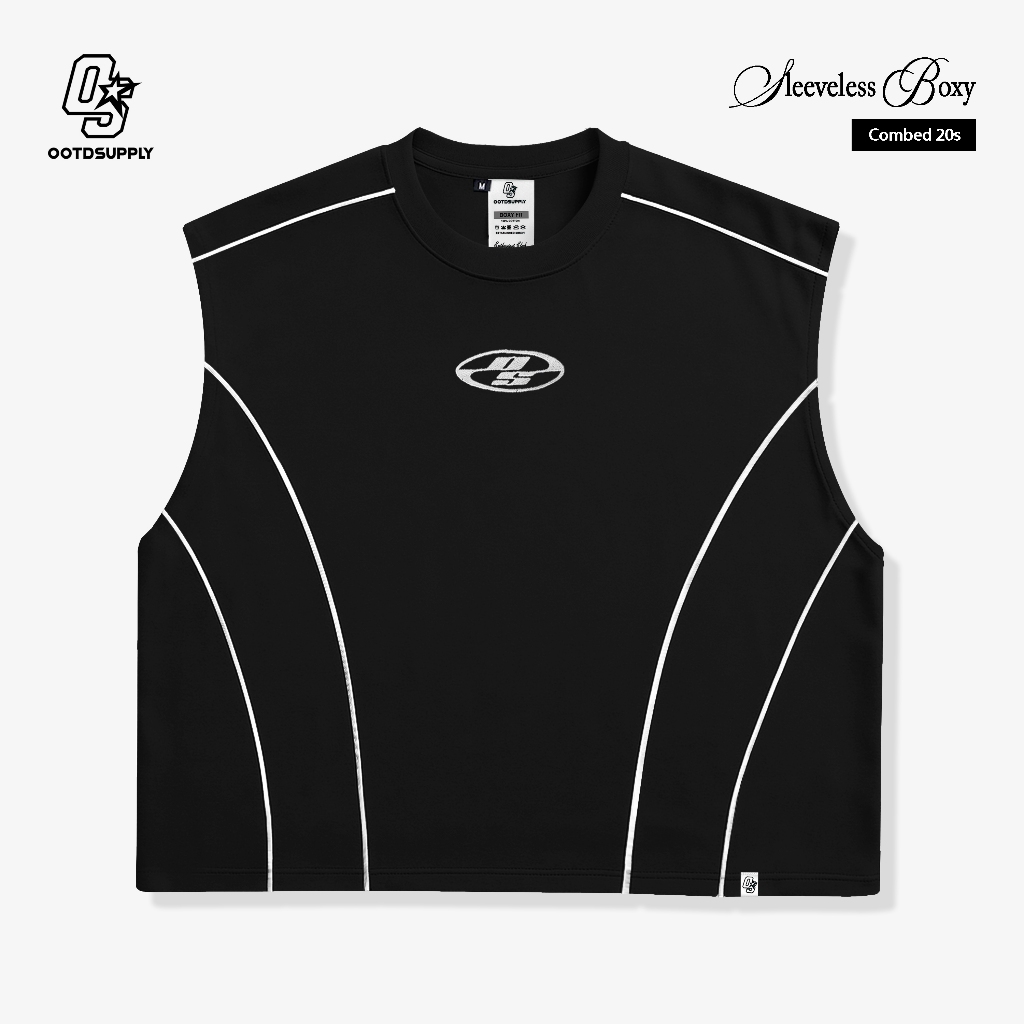OOTDSUPPLY Oversize Boxy Sleeveless List Neocore Embroidery Black & White l Tshirt Oversize Singlet | Singlet Lekbong | OVZ-SINGLET-STITCH-NE