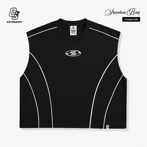 Image of OOTDSUPPLY Oversize Boxy Sleeveless List Neocore Embroidery Black & White l Tshirt Oversize Singlet | Singlet Lekbong | OVZ-SINGLET-STITCH-NE