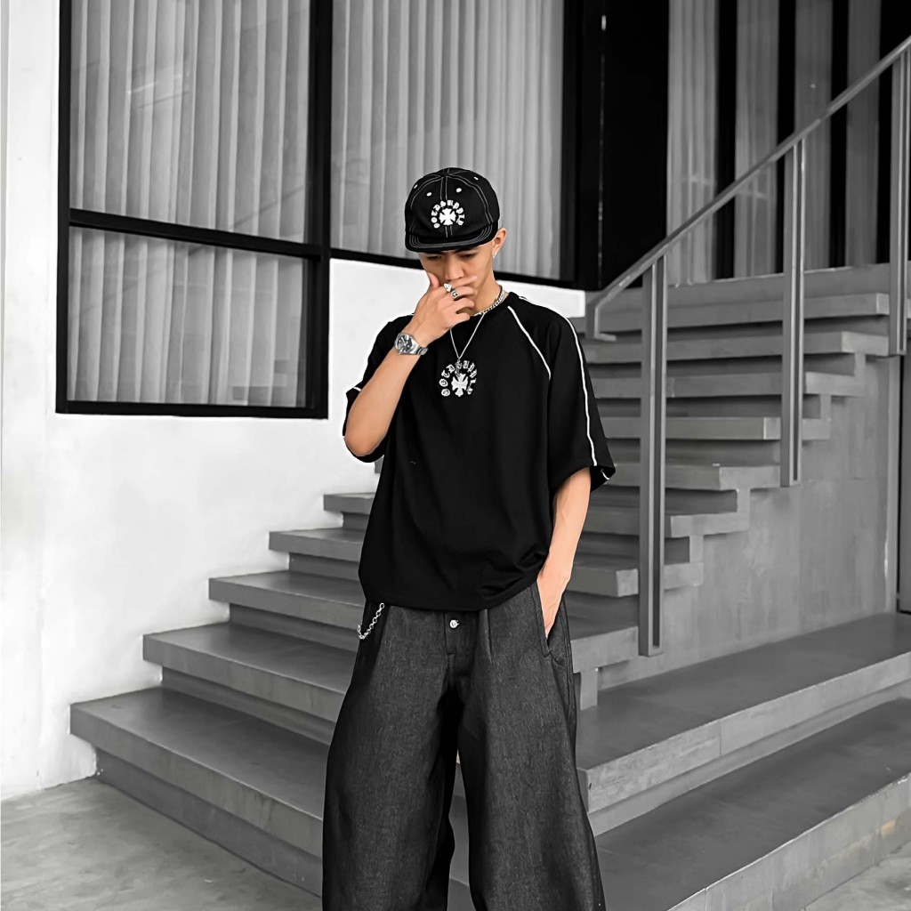 OOTDSUPPLY Oversized Raglan List V3 Mystic Relic Embroidery Black & White | Oversize Pria & Wanita RGLV3-MRE