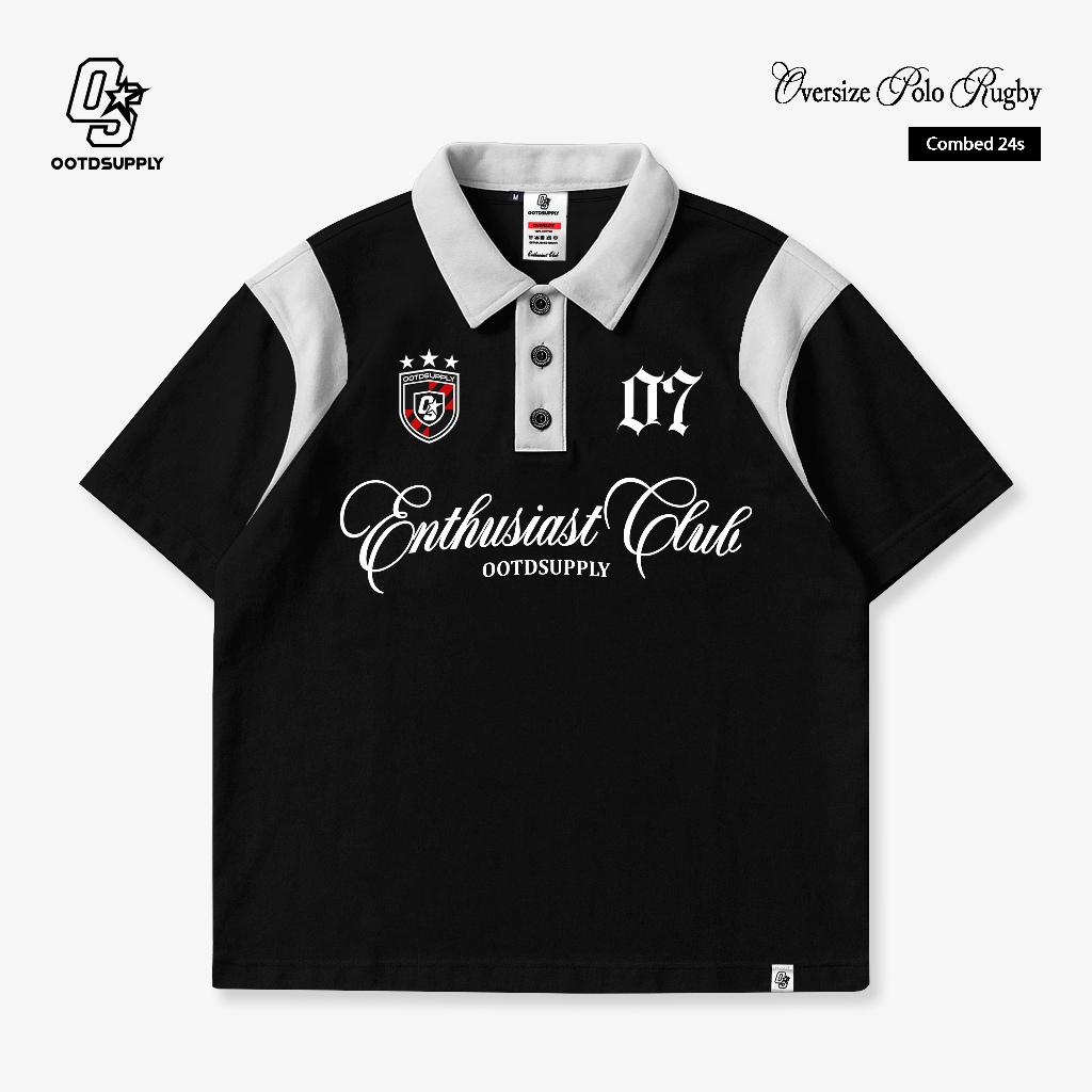 OOTDSUPPLY Oversize Rugby Polo Shirt Shield 07 Combination Black White | Kaos Polo Pria dan Wanita PS-RGB-042