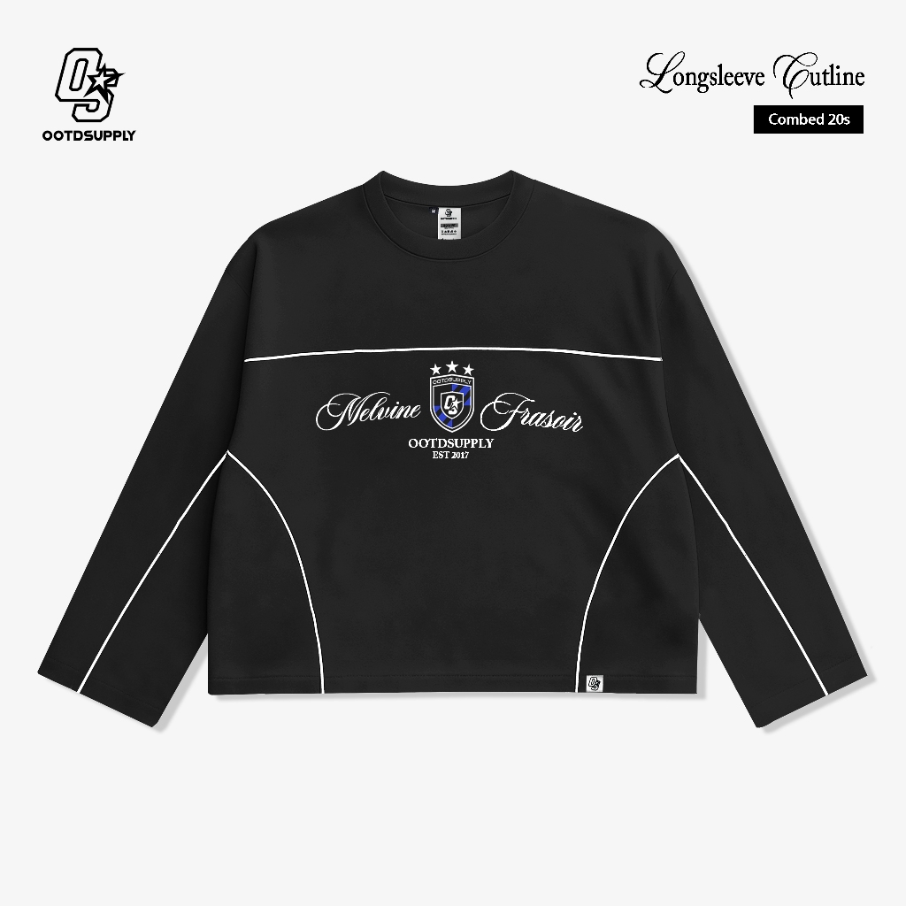 OOTDSUPPLY Longsleeve Boxy Cutline Melvine Black l Tshirt Boxyfit Panjang Unisex | Kaos Lengan Panjang Pria dan Wanita | LS-BX-CL-002