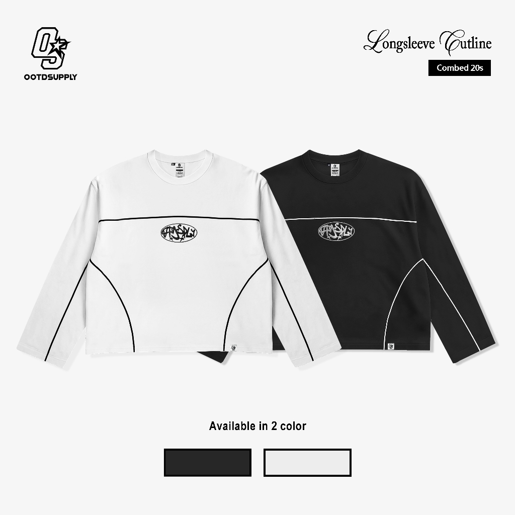 OOTDSUPPLY Longsleeve Boxy Cutline Circle Embroidery Black & White l Tshirt Boxyfit Panjang Unisex | Kaos Lengan Panjang Pria dan Wanita | LS-BX-CL-CE