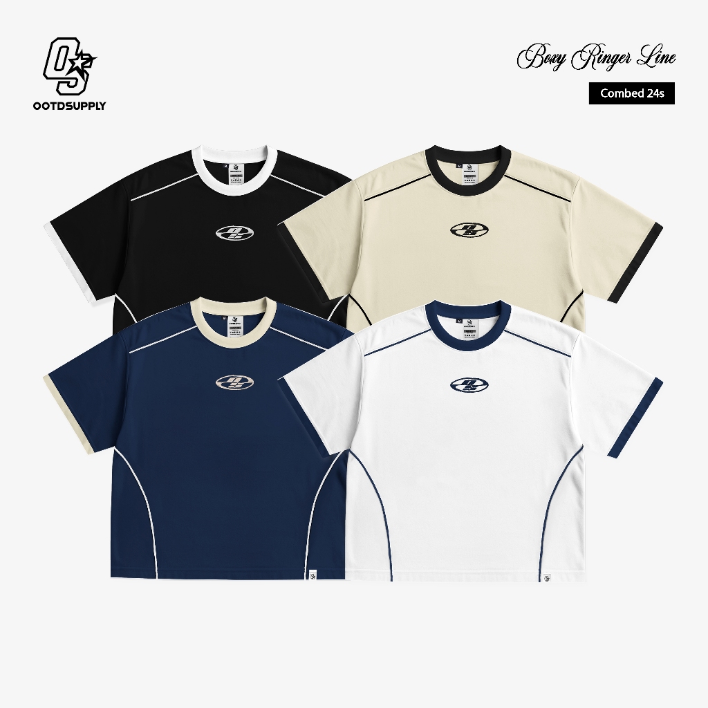 OOTDSUPPLY Oversized Boxy Neocore Embroidery Ringer Line | Oversize Pria & Wanita | Kaos Unisex | OS-OVZ-BX-RL-NE