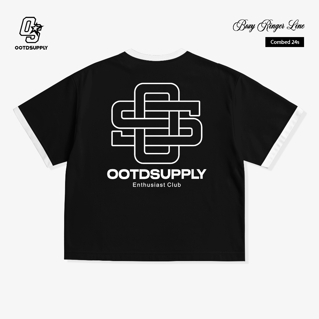 OOTDSUPPLY Oversized Boxy Monogram Black Ringer Line White | Oversize Pria & Wanita | Kaos Unisex | OS-OVZ-BX-RL005