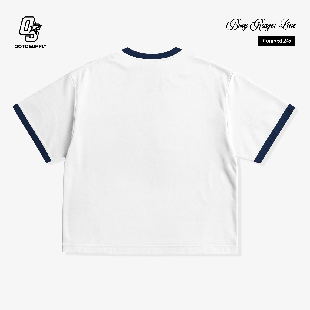 OOTDSUPPLY Oversized Boxy Players White Ringer Line Navy | Oversize Pria & Wanita | Kaos Unisex | OS-OVZ-BX-RL008