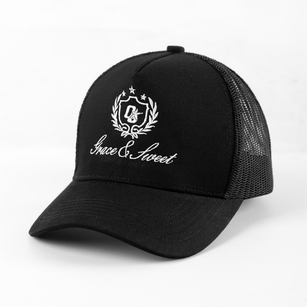 OOTDSUPPLY Polo Caps Trucker Bordir Grace & Sweet Embroidery Black | Luxury Series | Topi Hat Twill Bordir Pria & Wanita | CAP44-TRC
