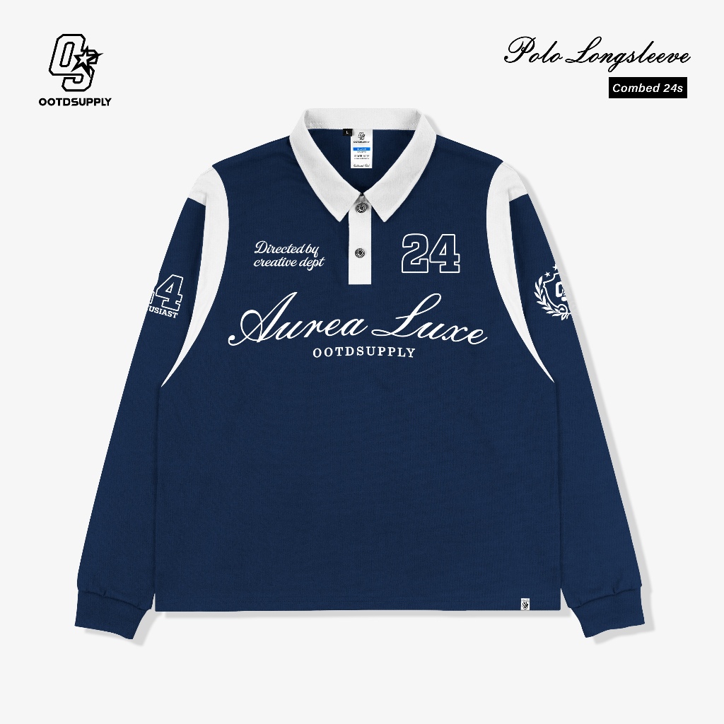 OOTDSUPPLY Polo Longsleeve Aurea Luxe Navy White | Kaos Kerah Lengan Panjang | Atasan Polo Pria & Wanita Unisex Combed 24s | OS-LS-RGB-009