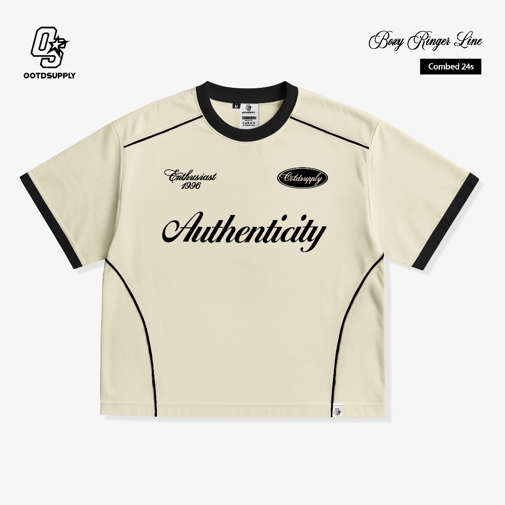 OOTDSUPPLY Oversized Boxy Authenticity Cream Ringer Line Black | Oversize Pria & Wanita | Kaos Unisex | OS-OVZ-BX-RL007