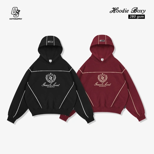 Image of OOTDSUPPLY Hoodie Boxyfit Streetline Grace & Sweet Embroidery Black & Maroon | Hoodie Boxy fit | Outer Streetwear Unisex | OS-HD-BX-STL-GSE