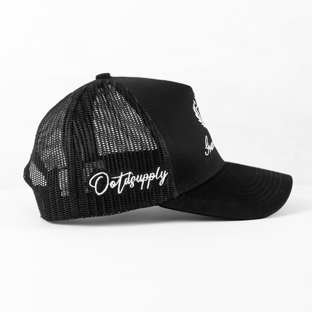 OOTDSUPPLY Polo Caps Trucker Bordir Grace & Sweet Embroidery Black | Luxury Series | Topi Hat Twill Bordir Pria & Wanita | CAP44-TRC