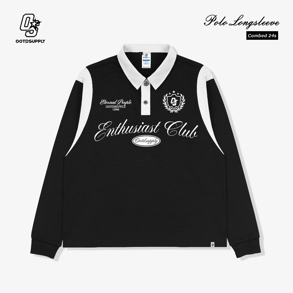 OOTDSUPPLY Polo Longsleeve Eternal People Black White | Kaos Kerah Lengan Panjang | Kaos Polo Pria & Wanita Unisex Combed 24s | OS-LS-RGB-008