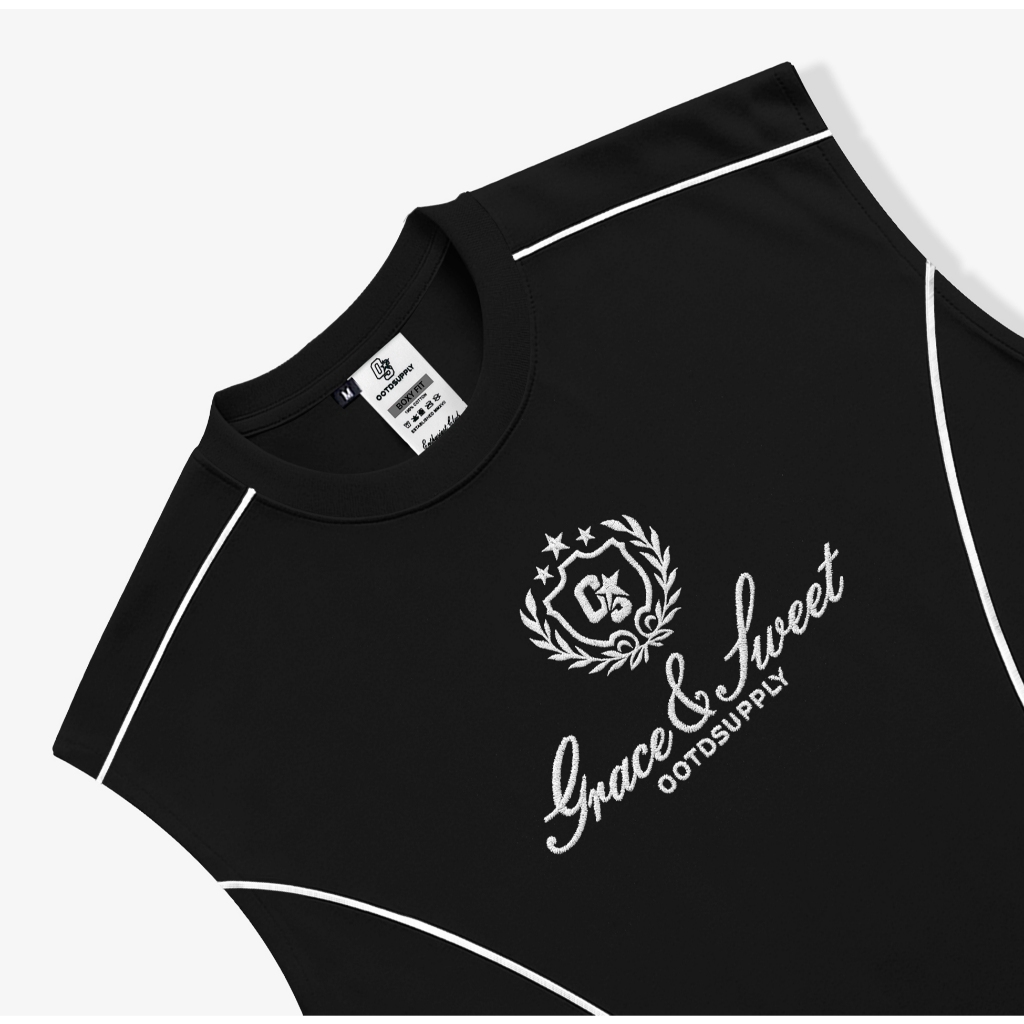 OOTDSUPPLY Singlet Oversize Boxy List Grace & Sweet Embroidery Black l Tshirt Oversize Singlet | Singlet Lekbong | OVZ-SINGLET-LIST-GSE