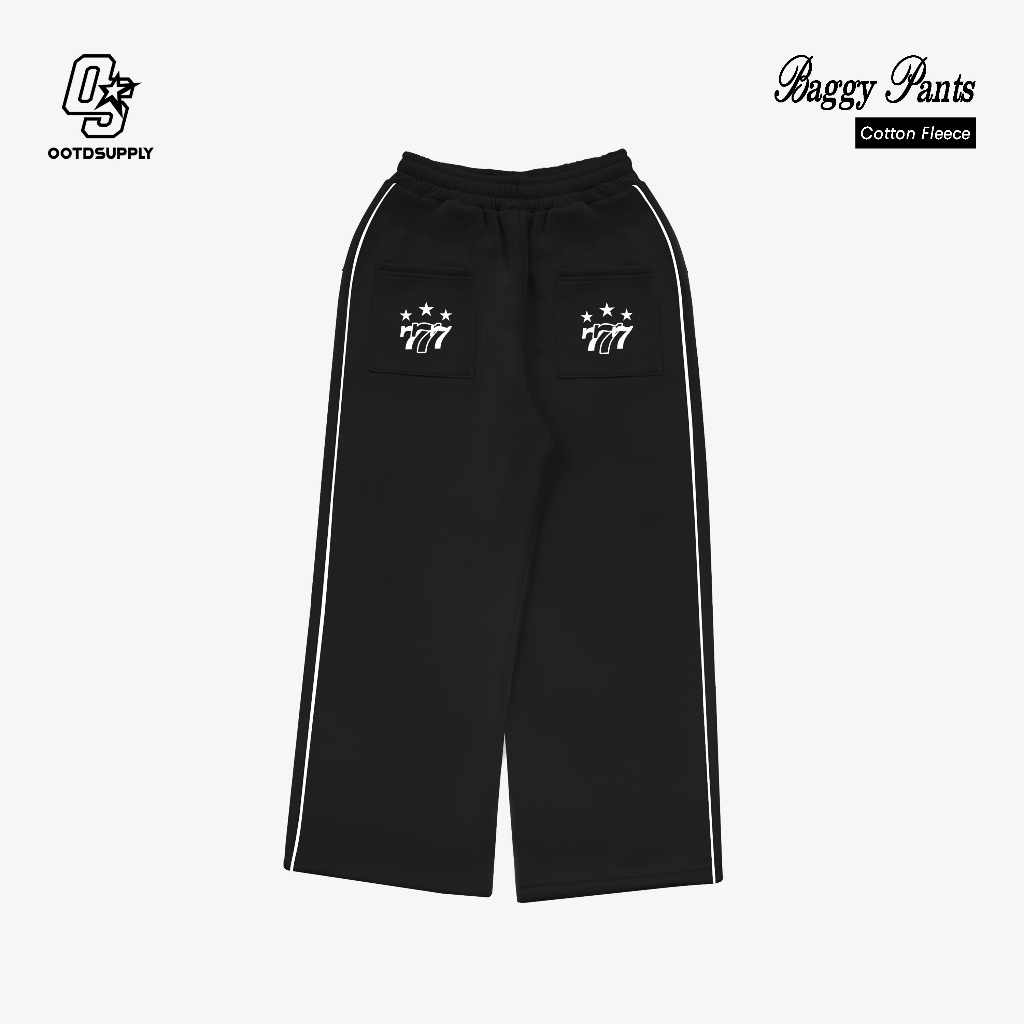 OOTDSUPPLY Baggy Pants Line Triple Sevent Black & Dark Brown | Celana Panjang Unisex | Celana Sporty | OS-BP001