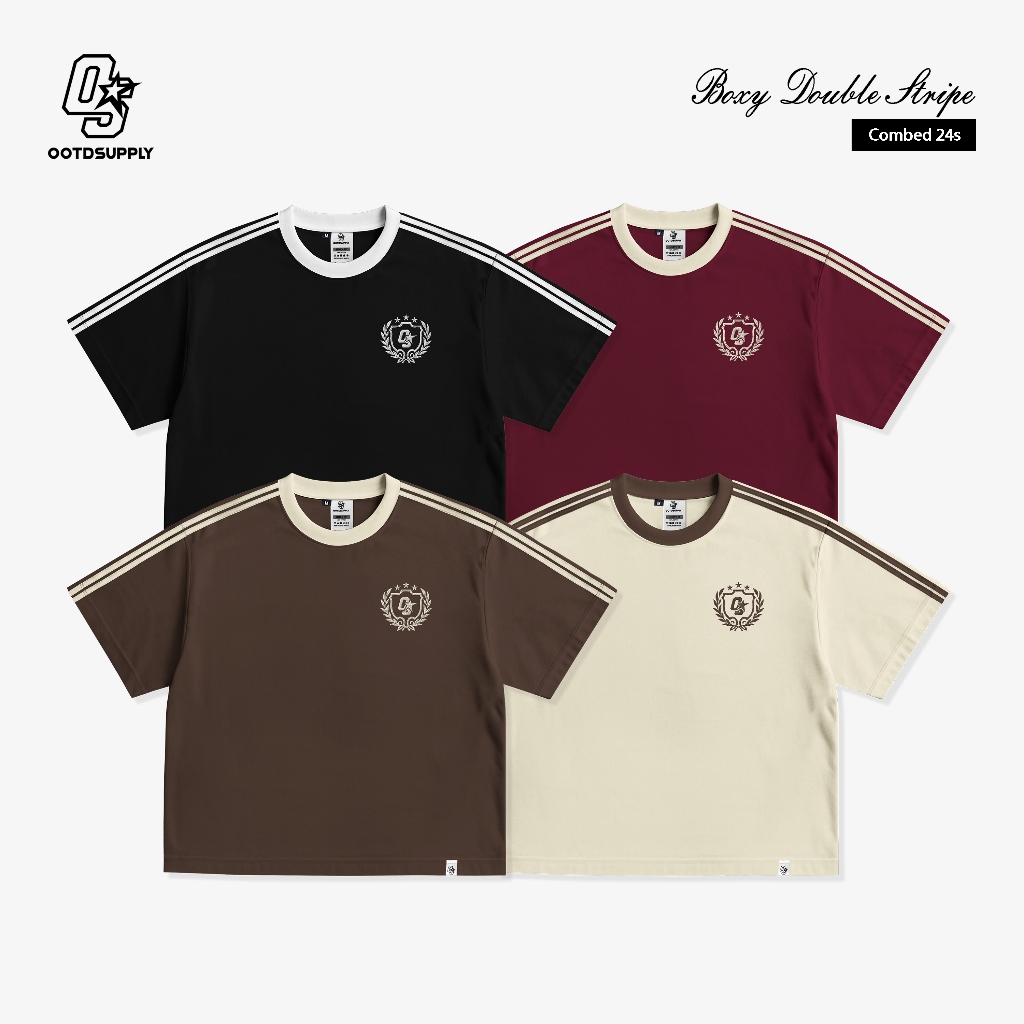 OOTDSUPPLY Oversize Boxy Double Stripe Leticia Embroidery l T-Shirt Boxyfit OOTD l Kaos Lengan Pendek Sporty | Luxury Series | OS-OVZ-BX-DS-LE