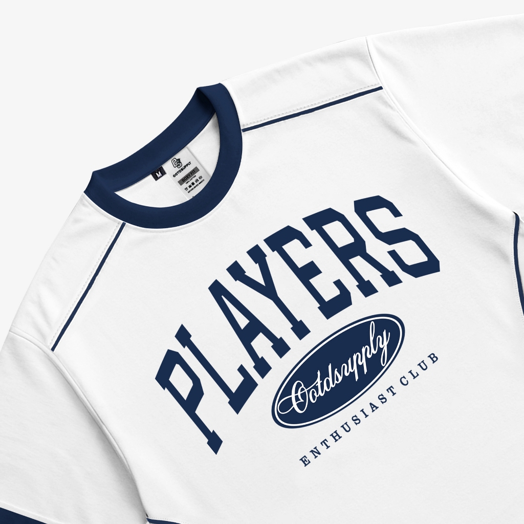 OOTDSUPPLY Oversized Boxy Players White Ringer Line Navy | Oversize Pria & Wanita | Kaos Unisex | OS-OVZ-BX-RL008