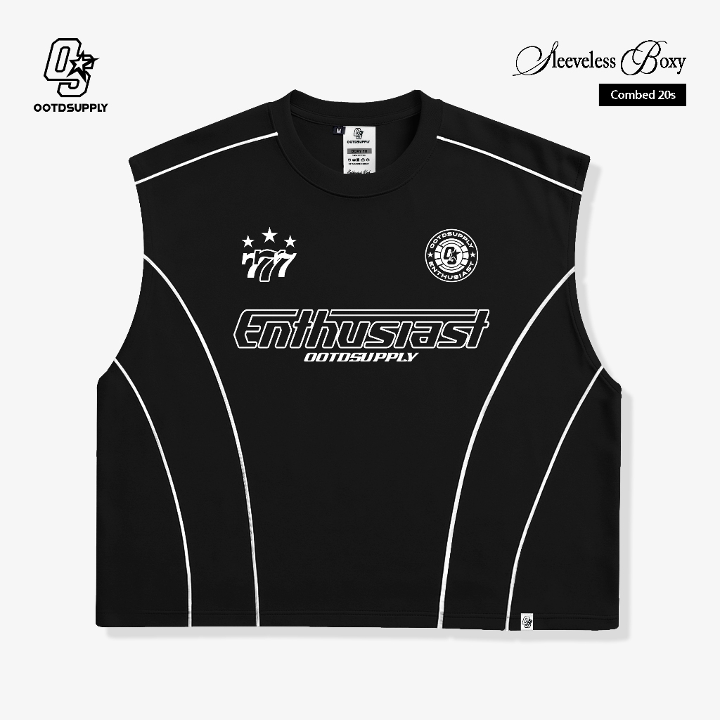 OOTDSUPPLY Singlet Oversize Boxy List Triple Sevent Black & White l Tshirt Oversize Sleeveless | Singlet Lekbong | OVZ-SINGLET-LIST-001