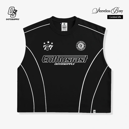 Image of OOTDSUPPLY Singlet Oversize Boxy List Triple Sevent Black & White l Tshirt Oversize Sleeveless | Singlet Lekbong | OVZ-SINGLET-LIST-001
