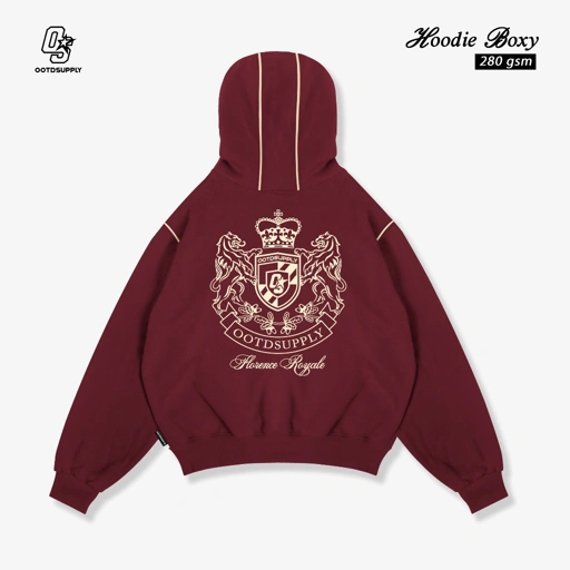 Image of OOTDSUPPLY Hoodie Boxyfit Streetline Florence Maroon | Hoodie Boxy fit | Outer Streetwear Unisex | OS-HD-BX-STL-002