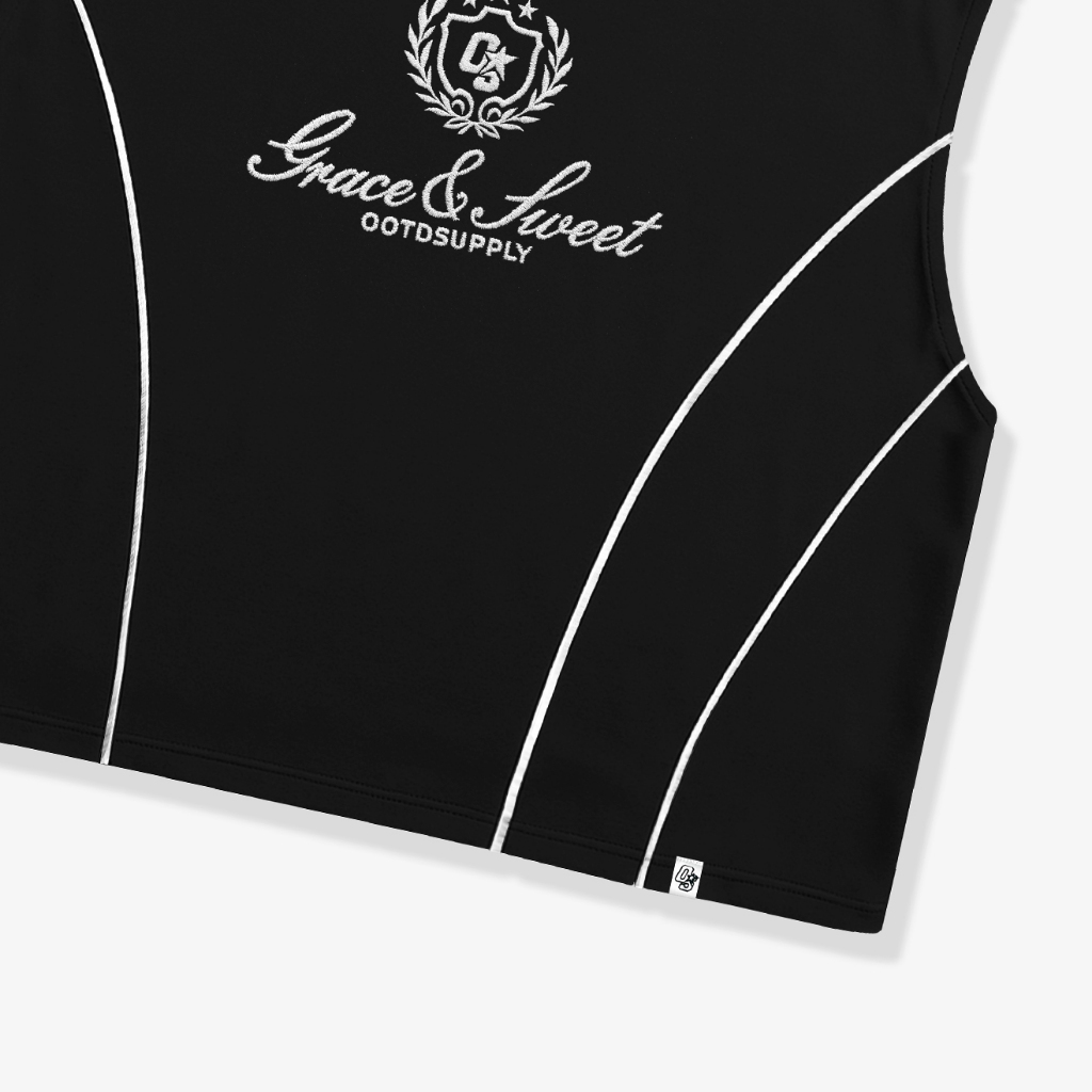OOTDSUPPLY Singlet Oversize Boxy List Grace & Sweet Embroidery Black l Tshirt Oversize Singlet | Singlet Lekbong | OVZ-SINGLET-LIST-GSE