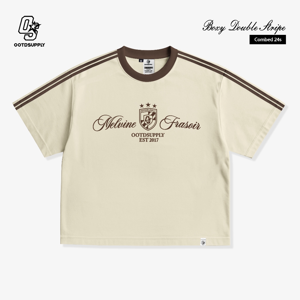 OOTDSUPPLY Oversize Boxy Double Stripe Melvine Frasoir Cream l T-Shirt Boxyfit OOTD l Kaos Lengan Pendek Sporty | Luxury Series | OS-OVZ-BX-DS-004