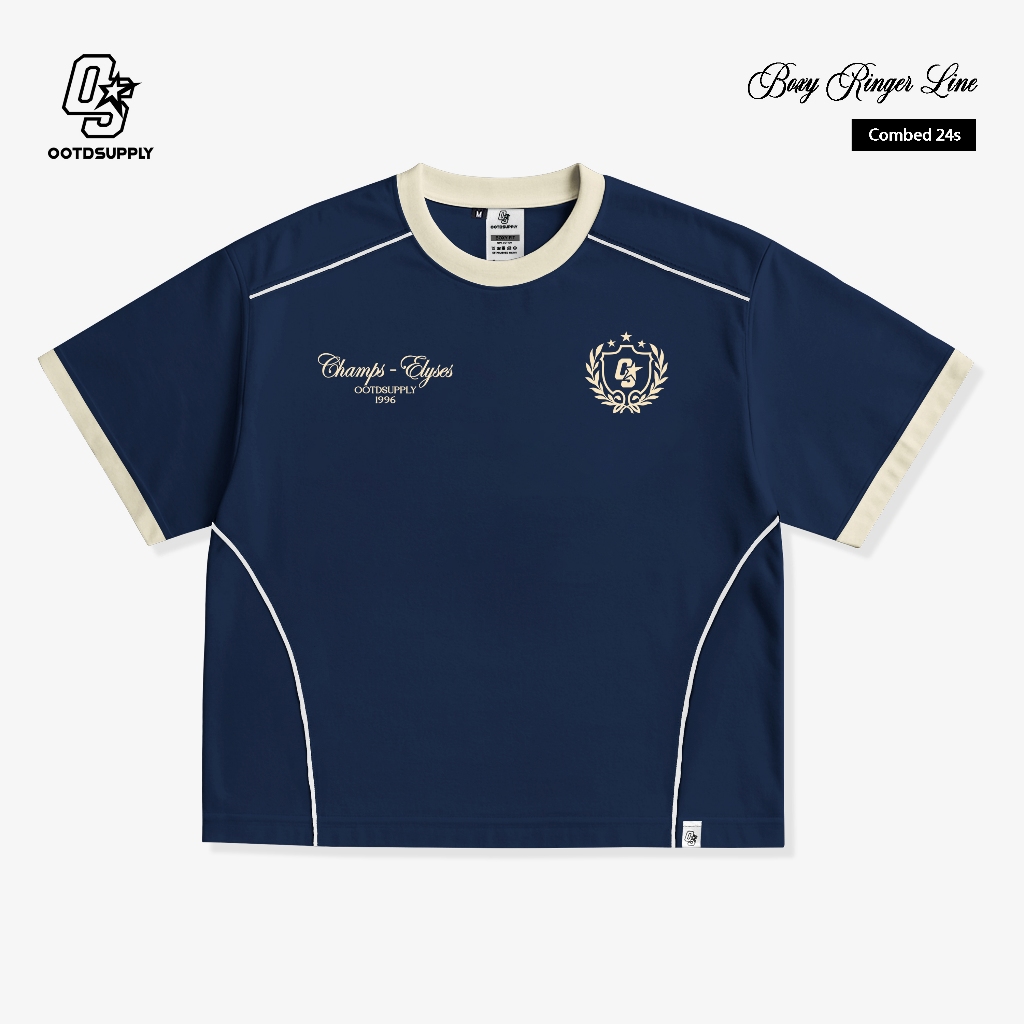 OOTDSUPPLY Oversized Boxy Elyses Navy Ringer Line Cream | Oversize Pria & Wanita | Kaos Unisex | OS-OVZ-BX-RL006