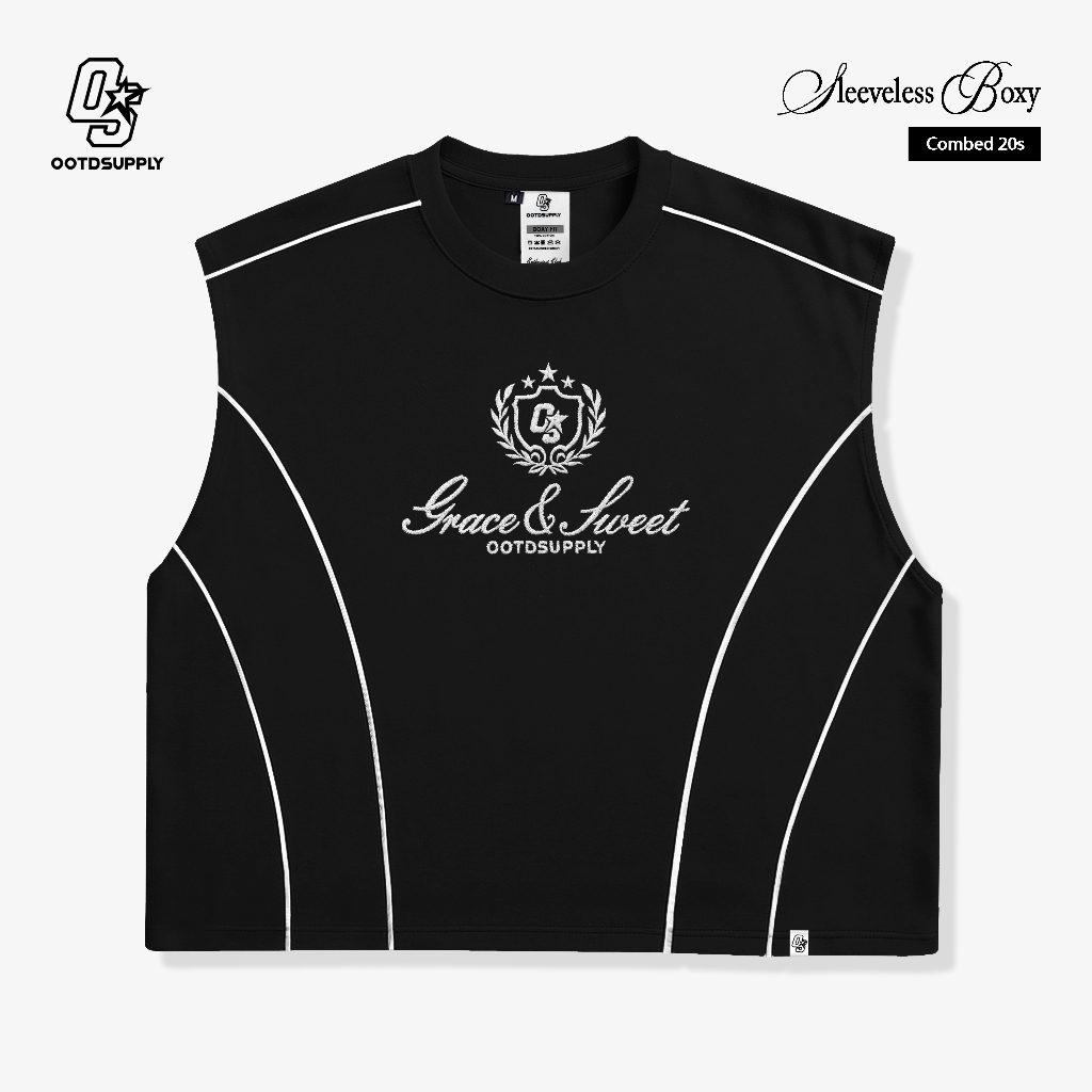 OOTDSUPPLY Singlet Oversize Boxy List Grace & Sweet Embroidery Black l Tshirt Oversize Singlet | Singlet Lekbong | OVZ-SINGLET-LIST-GSE