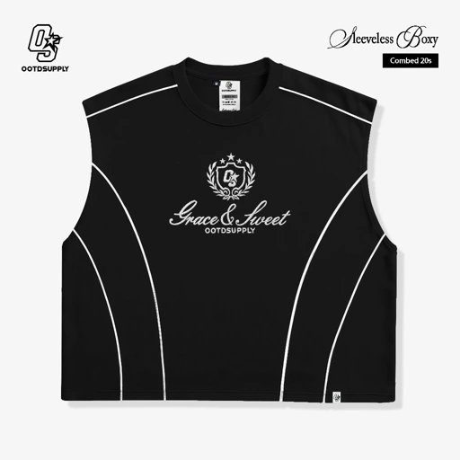 Image of OOTDSUPPLY Singlet Oversize Boxy List Grace & Sweet Embroidery Black l Tshirt Oversize Singlet | Singlet Lekbong | OVZ-SINGLET-LIST-GSE